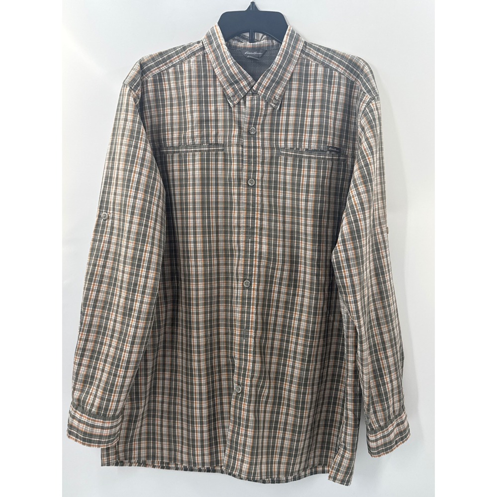 Eddie Bauer Mens Plaid Long Sleeve Hiking Shirt Grey Orange Large Roll Tab Zip
